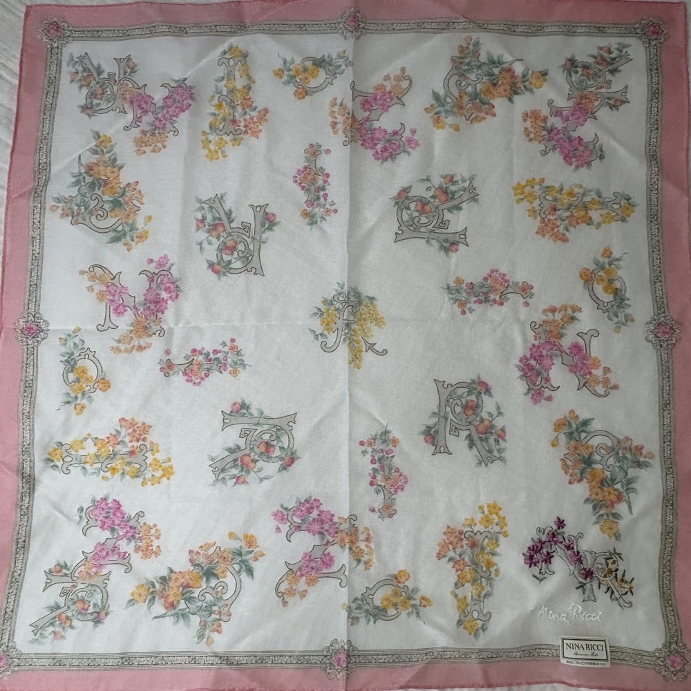 Nina Ricci Scarf Handkerchief Floral Monogram Cotton Pink White Logo 17.5"